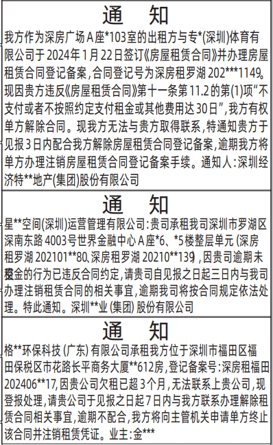 深圳登报深圳特区报报纸图：通知（房屋租赁）-登报模板的图样