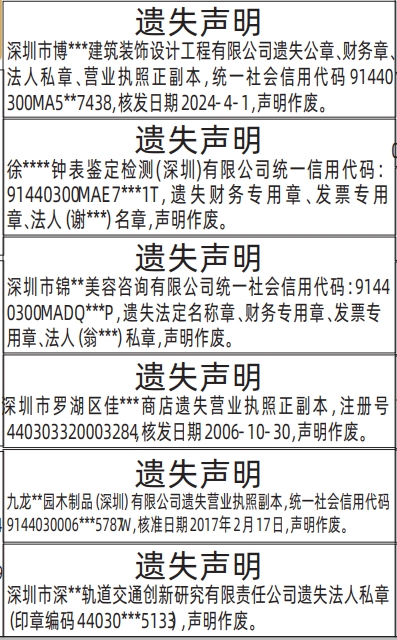 深圳登报深圳特区报报纸图：公章、财务章、法人私章、营业执照-遗失声明-登报模板的图样