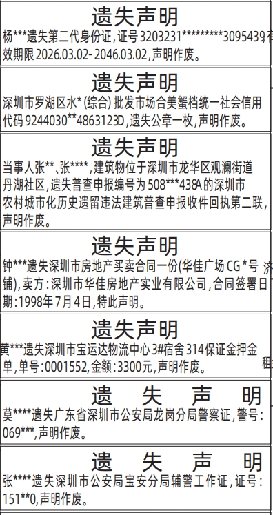 深圳登报深圳特区报报纸图：房地产买卖合同、第二代身份证、警察证-遗失声明-登报模板的图样