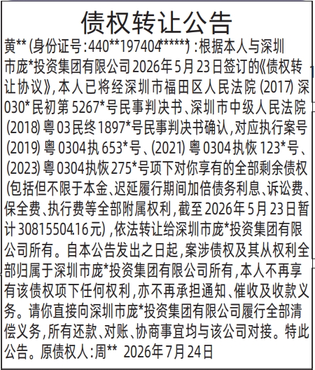 深圳登报深圳特区报报纸图：债权转让公告-登报模板的图样