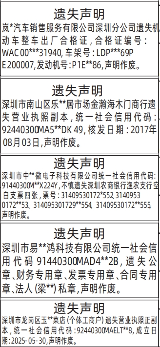 深圳登报深圳特区报报纸图：机动车整车出厂合格证、营业执照、公章、财务专用章、发票专用章、合同专用章、支票遗失-登报模板的图样