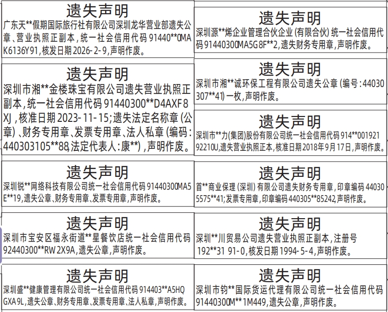 深圳登报深圳特区报报纸图：（遗失声明）公章、营业执照、财务专用章、发票专用章-登报模板的图样