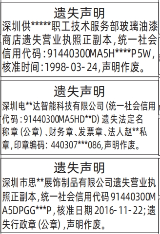 深圳登报深圳特区报报纸图：（行政章（公章）、营业执照、、财务章、发票章）遗失声明-登报模板的图样
