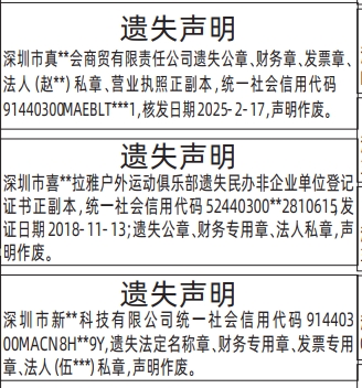 深圳登报深圳特区报报纸图：遗失声明（营业执照、民办非企业单位登记证书、法定名称章、财务专用章、发票专用章、法人私章）-登报模板的图样