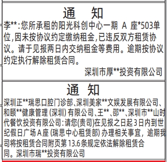深圳登报深圳特区报报纸图:房屋租赁通知-登报模板的图样