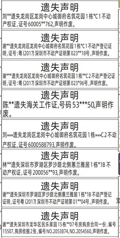 深圳登报深圳特区报报纸图：不动产登记证明、不动产权证、房产证、房购房合同-遗失声明登报模板的图样