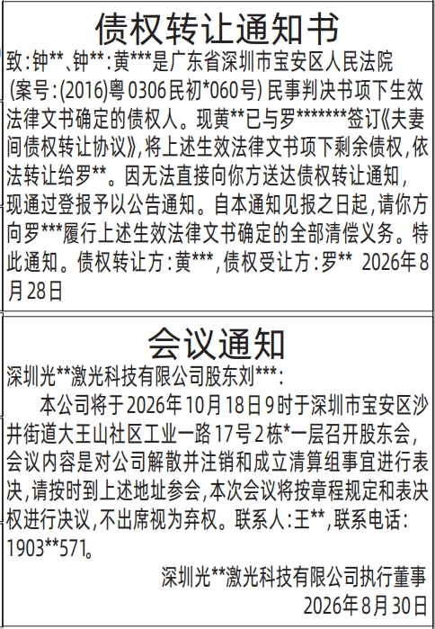 深圳登报深圳特区报报纸图：债权转让通知书、股东会议通知-登报模板的图样
