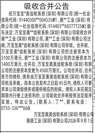 深圳登报深圳特区报报纸图:吸收合并公告-登报模板的图样