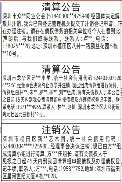 深圳登报深圳特区报报纸图：清算组备案、债权人公告-解散公示信息-清算公告-注销公告-登报范本的图样