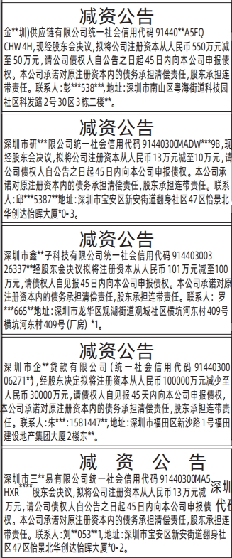 深圳登报深圳特区报报纸图：减资公告-登报范本的图样