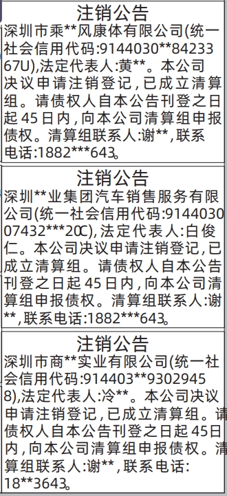 深圳登报深圳特区报报纸图:注销公告-登报范本的图样