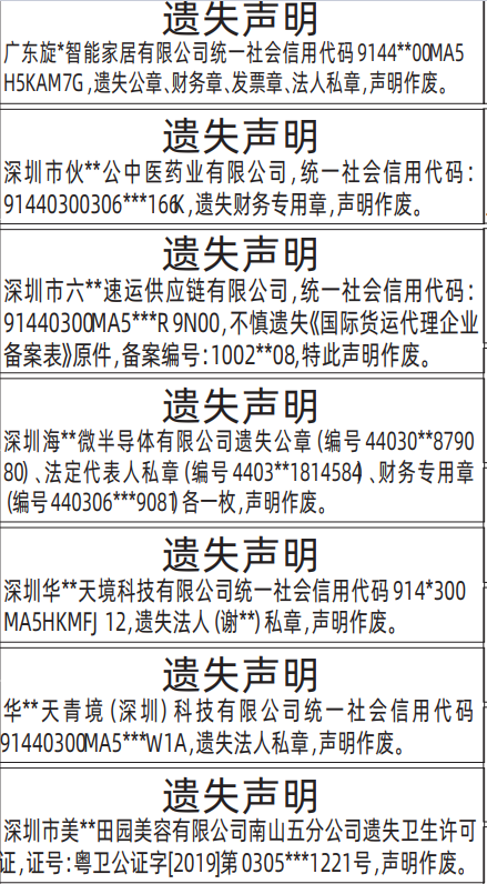 深圳登报深圳特区报报纸图：公章、财务章、发票章、法人私章遗失声明-登报范本的图样