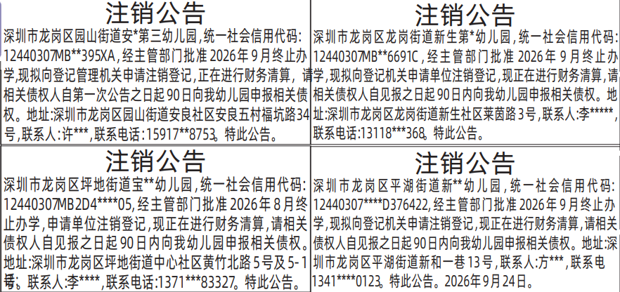 深圳登报深圳特区报报纸图:幼儿园注销公告-登报范本的图样