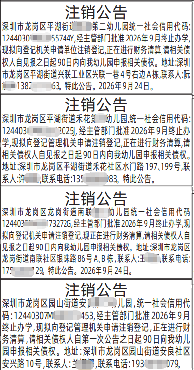 深圳登报深圳特区报报纸图:幼儿园注销公告-登报范本的图样