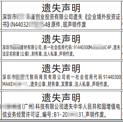 深圳登报深圳特区报报纸图:企业境外投资证书、增值电信业务经营许可证遗失声明-登报范本的图样